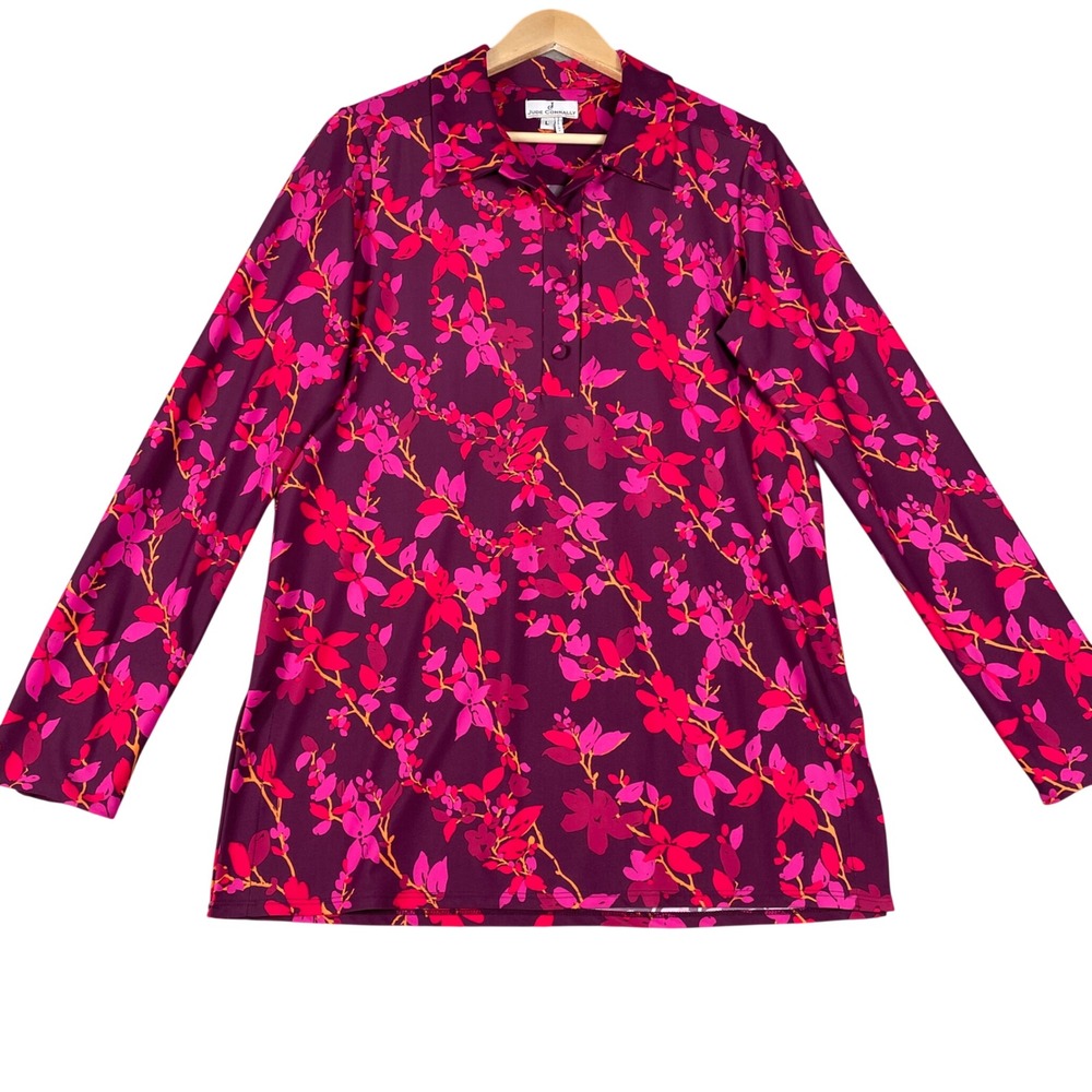 Jude Connally Women Purple Pink Floral Long Sleeve Tunic Top Size L Made in USA